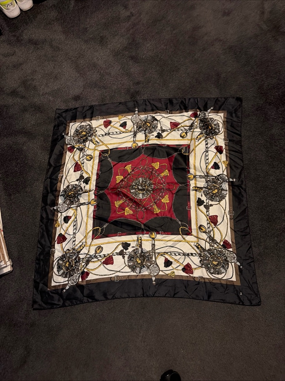 Scarf 34 X 34 Lion, Tassels, Chain, Red, Black, White and Gold